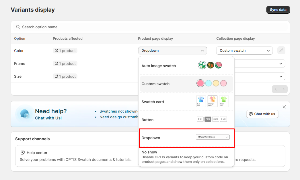 Dropdown variant selector on a product