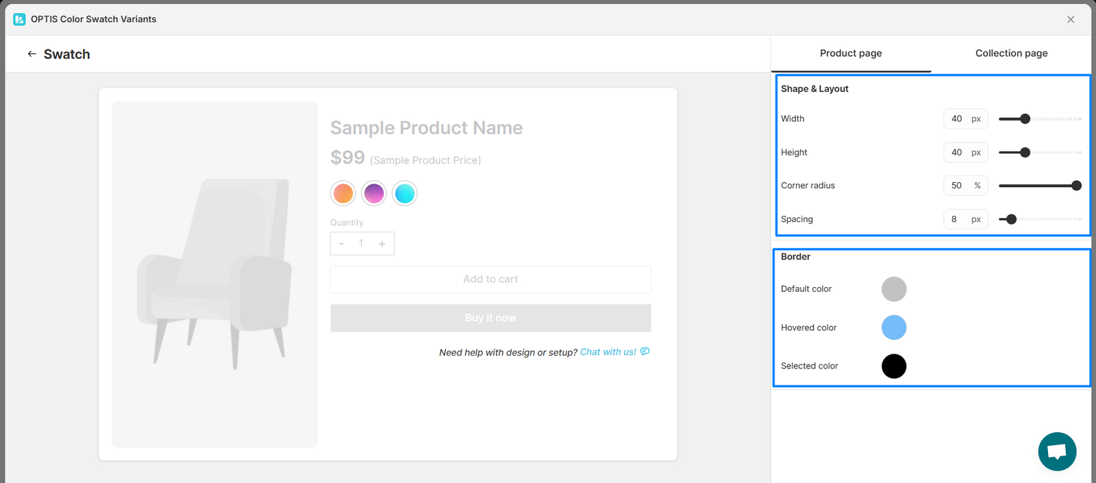 Adjusting swatch appearance settings in the Styling page
