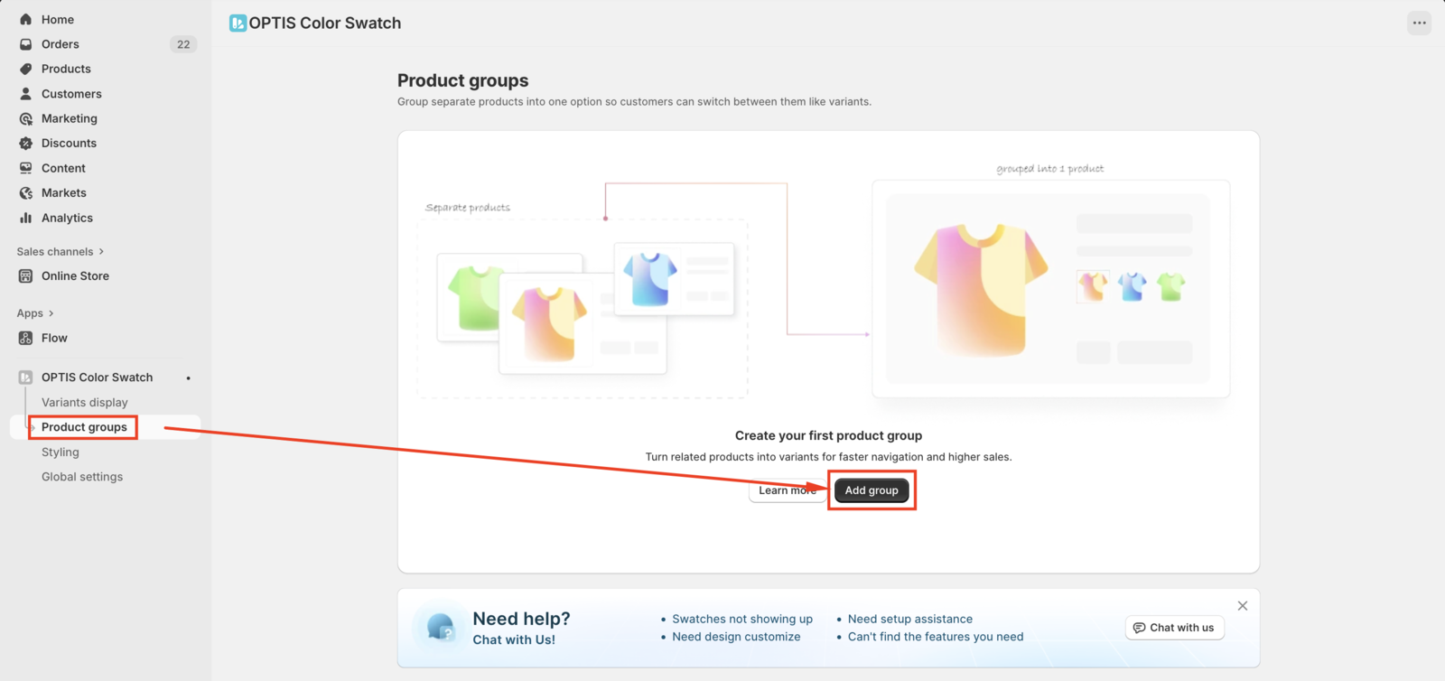 Add group button on the Product groups page