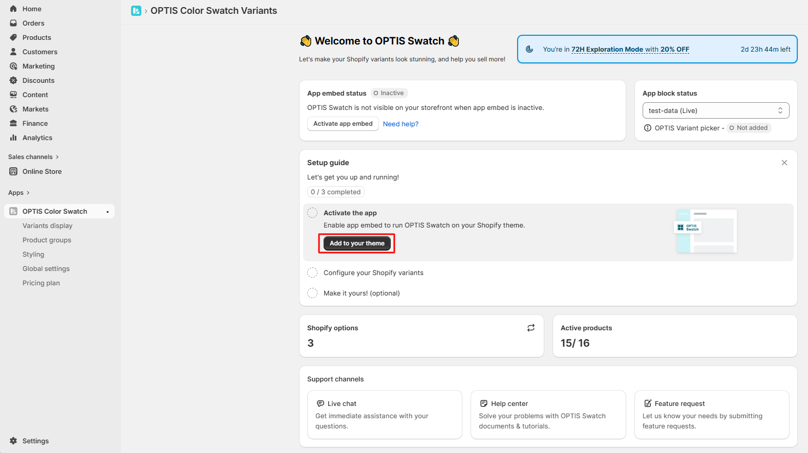 OPTIS Color Swatch App embed in the Shopify Theme Editor