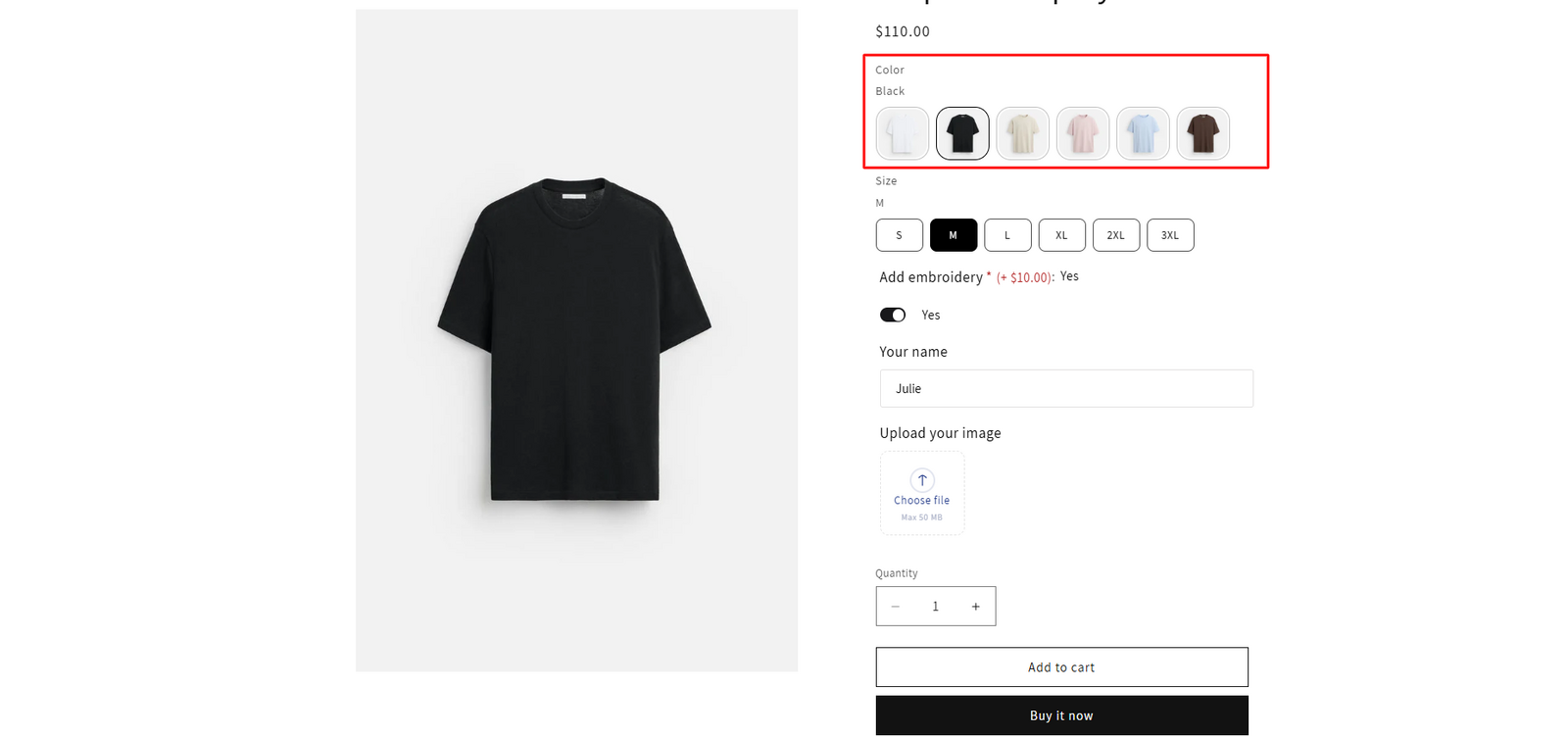 Color swatches that change the product image when clicked