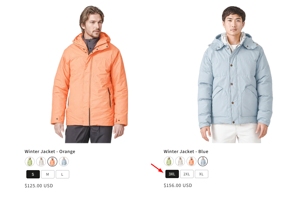 Button variant selector on the collection page