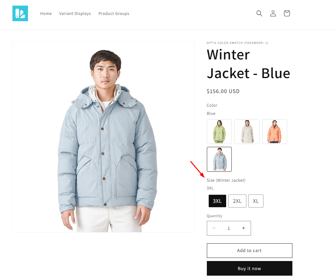 Button variant selector on the product page