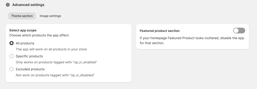 Variant Images Theme Section with the Select app scope setting