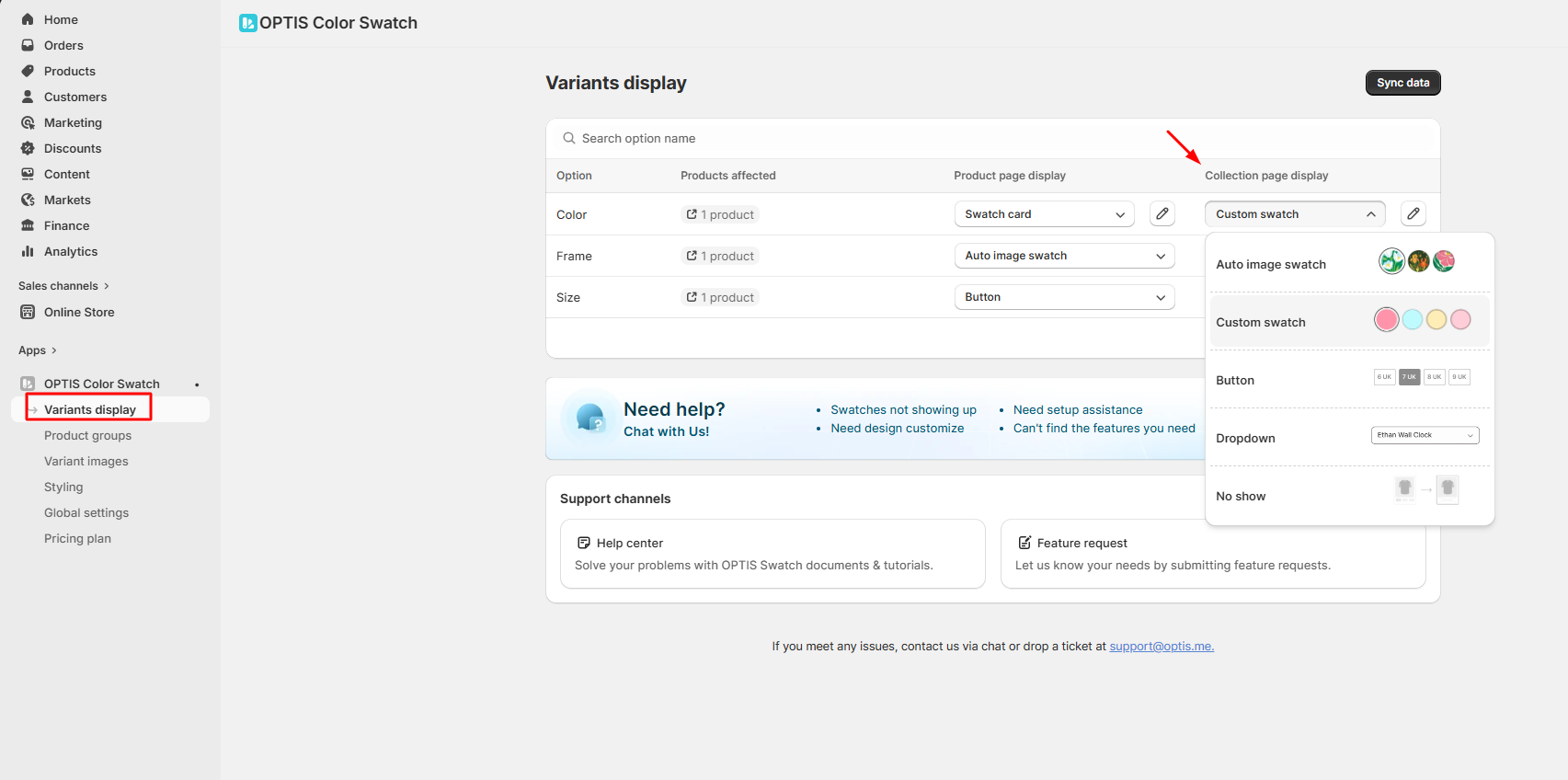 Choosing a display type in the Collection page display column