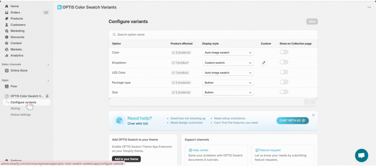 Choosing the Custom Swatch or Auto Image Swatch display style in Configure variants