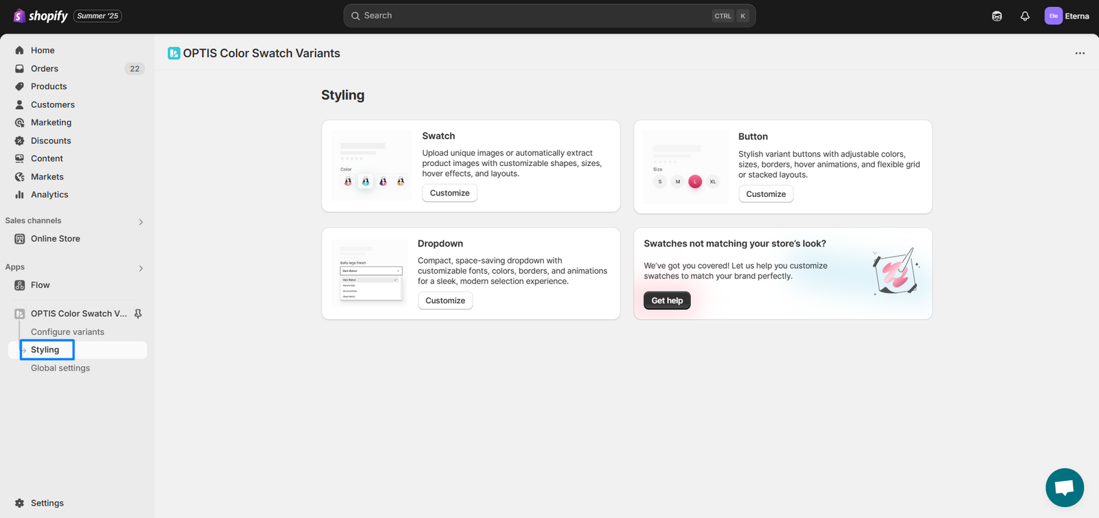 Styling page in the app
