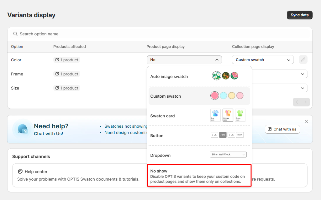 No show option keeping the theme's original variant selector