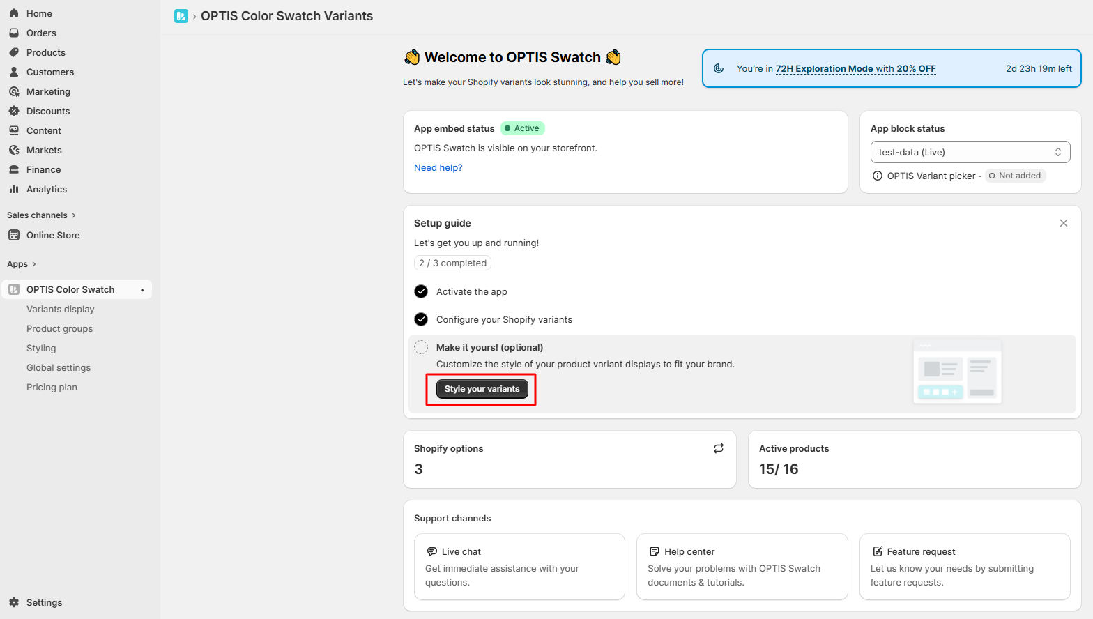 Style your variants button opening the Styling Dashboard