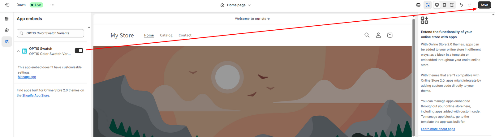 Saving the app embed in the Shopify Theme Editor