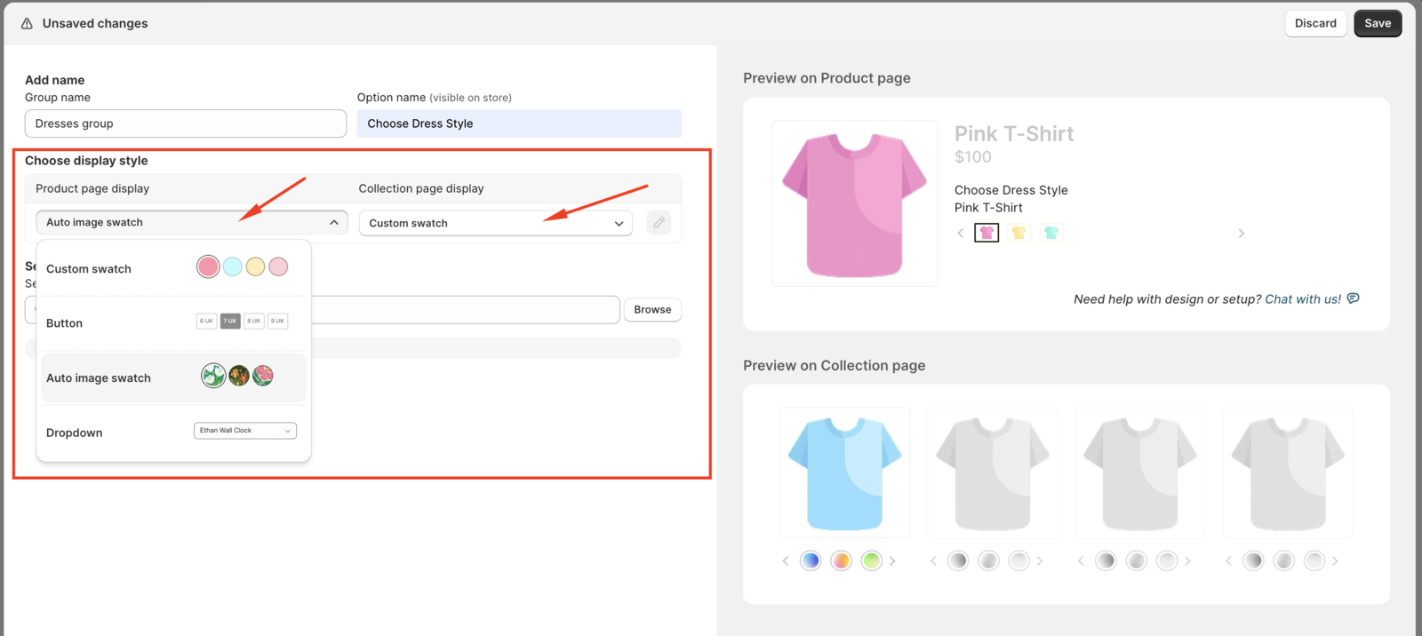Choosing a display style for the product group on product and collection pages
