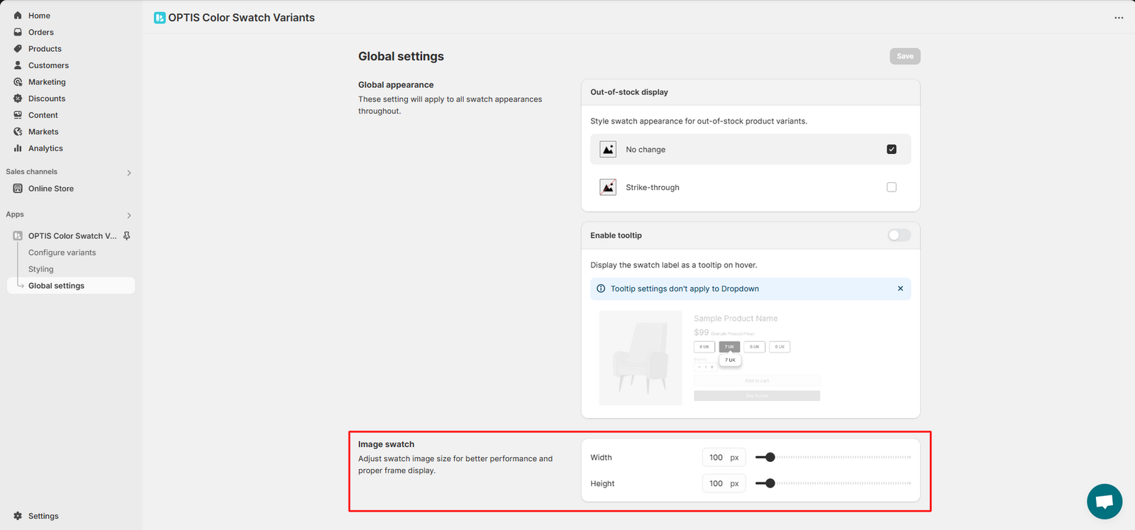 Increasing the image swatch size in Global settings
