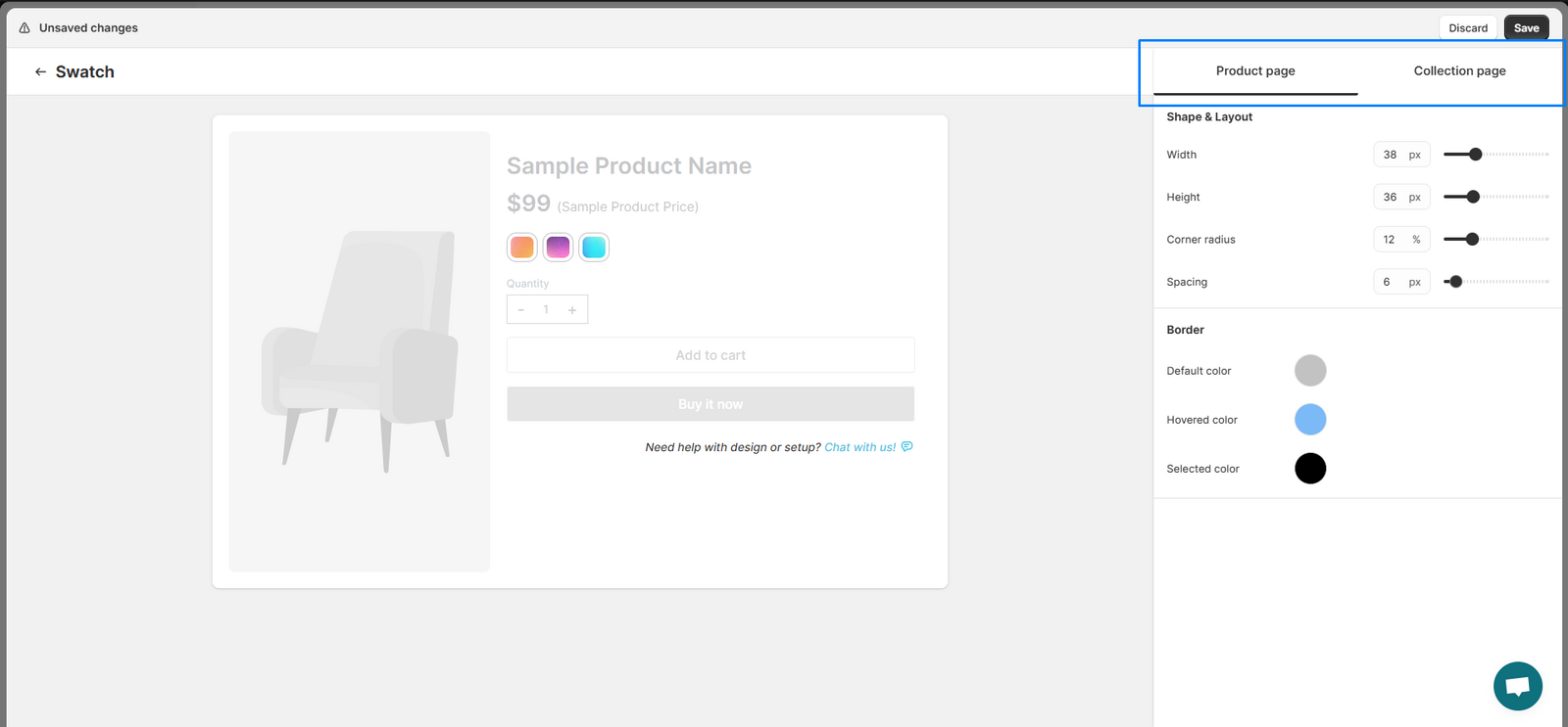 Product Page and Collection Page tabs in the Styling settings
