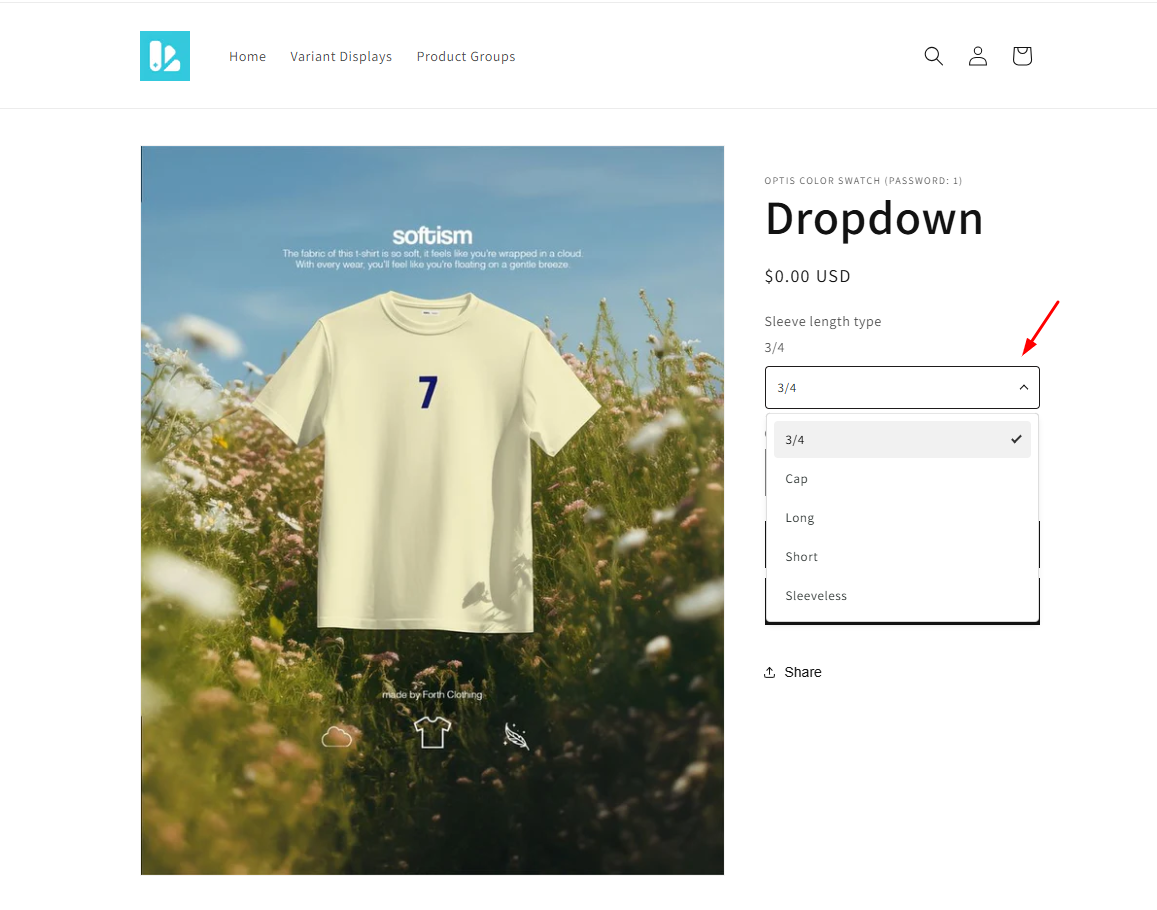 Dropdown variant selector on the product page