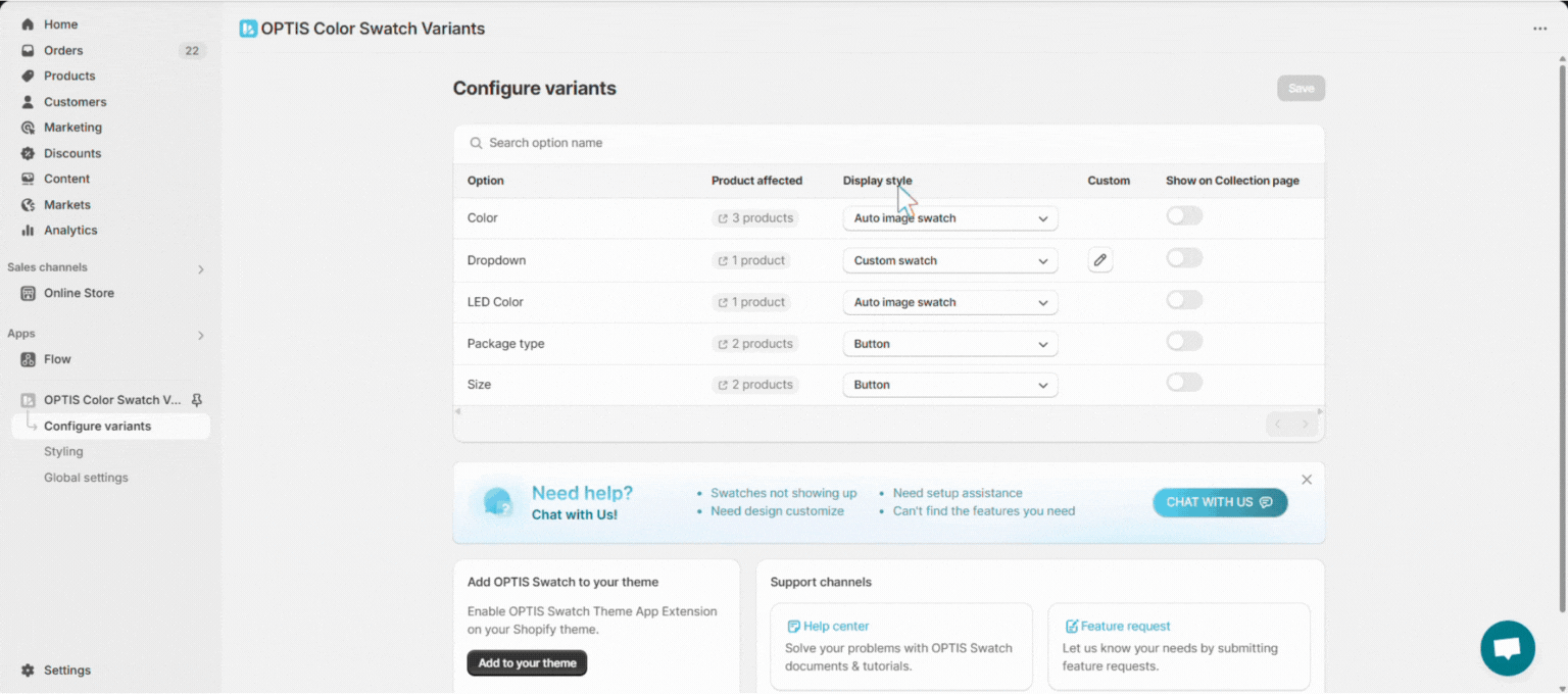 Auto Image Swatch pulling each variant image from the Shopify product