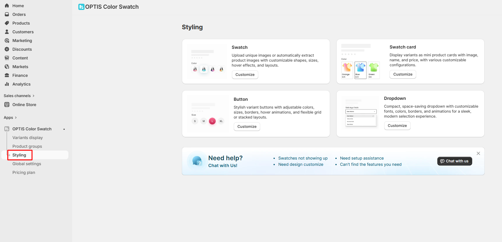 Styling Dashboard with size, alignment, color, and spacing options